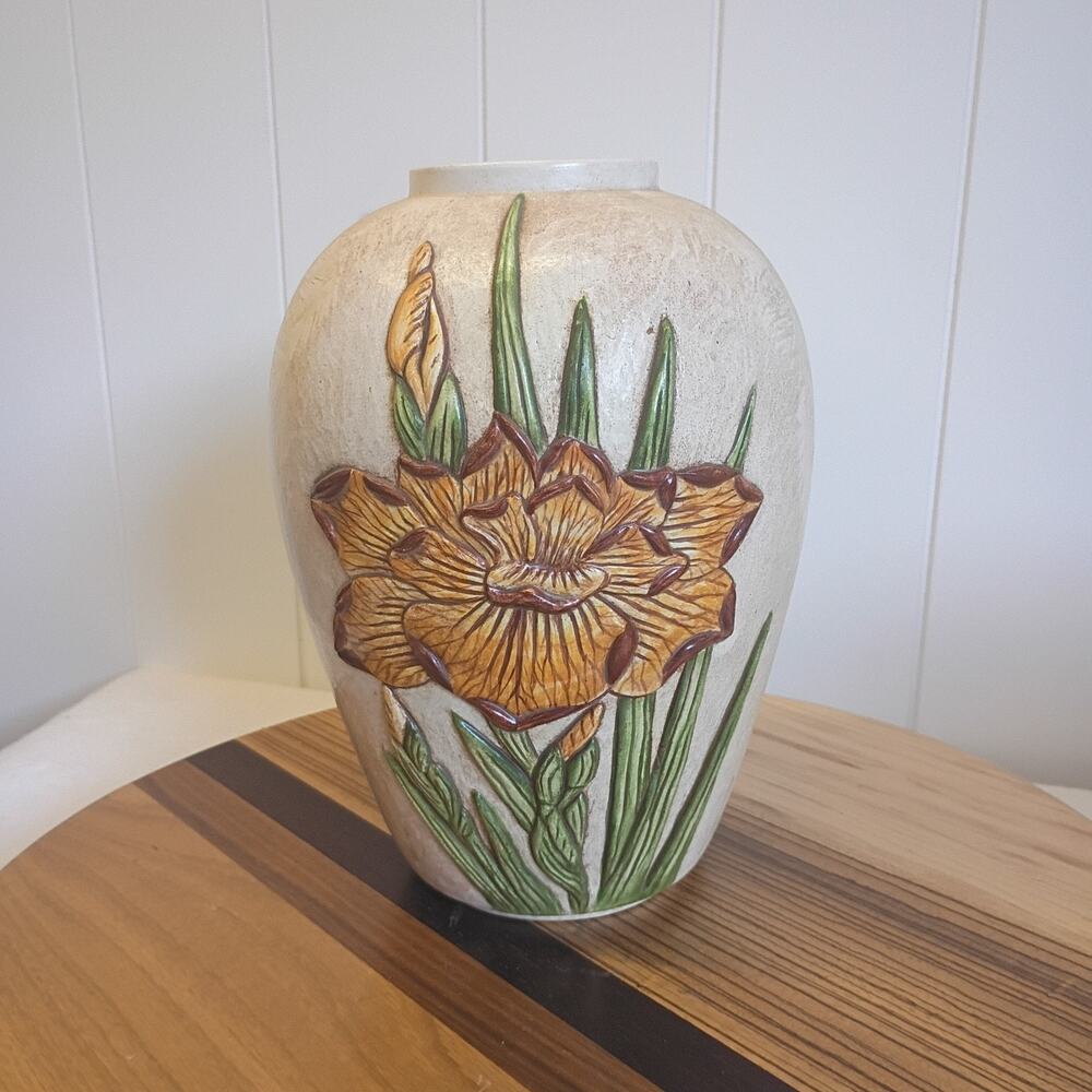 Handmade Ceramic Floral Vase Arts & Crafts Style Relief Raised Iris Flower 9"